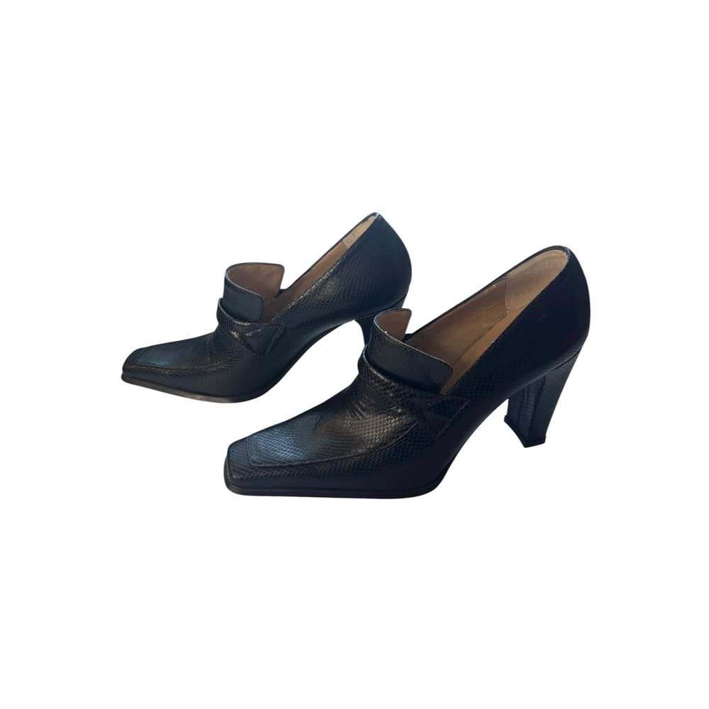 Sofia 3.5" Heeled Loafers Square Toe Leather Pumps Black Made in Italy Size 36 - Picture 3 of 9
